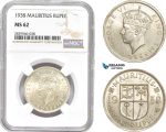 AD152-R, Mauritius, George VI, 1 Rupee 1938, Silver, NGC MS62