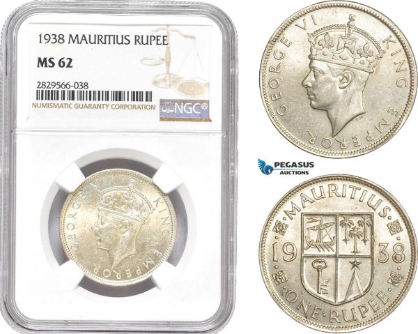 AD152-R, Mauritius, George VI, 1 Rupee 1938, Silver, NGC MS62