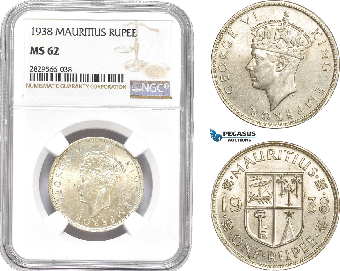 AD152-R, Mauritius, George VI, 1 Rupee 1938, Silver, NGC MS62