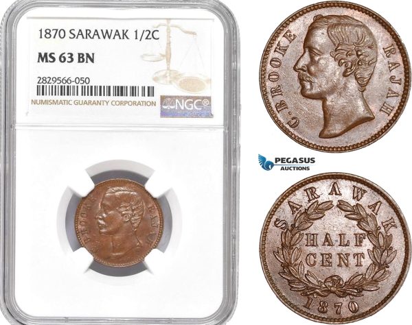 AD168-R, Sarawak, C. Brooke Rajah, 1/2 Cent 1870, NGC MS63BN