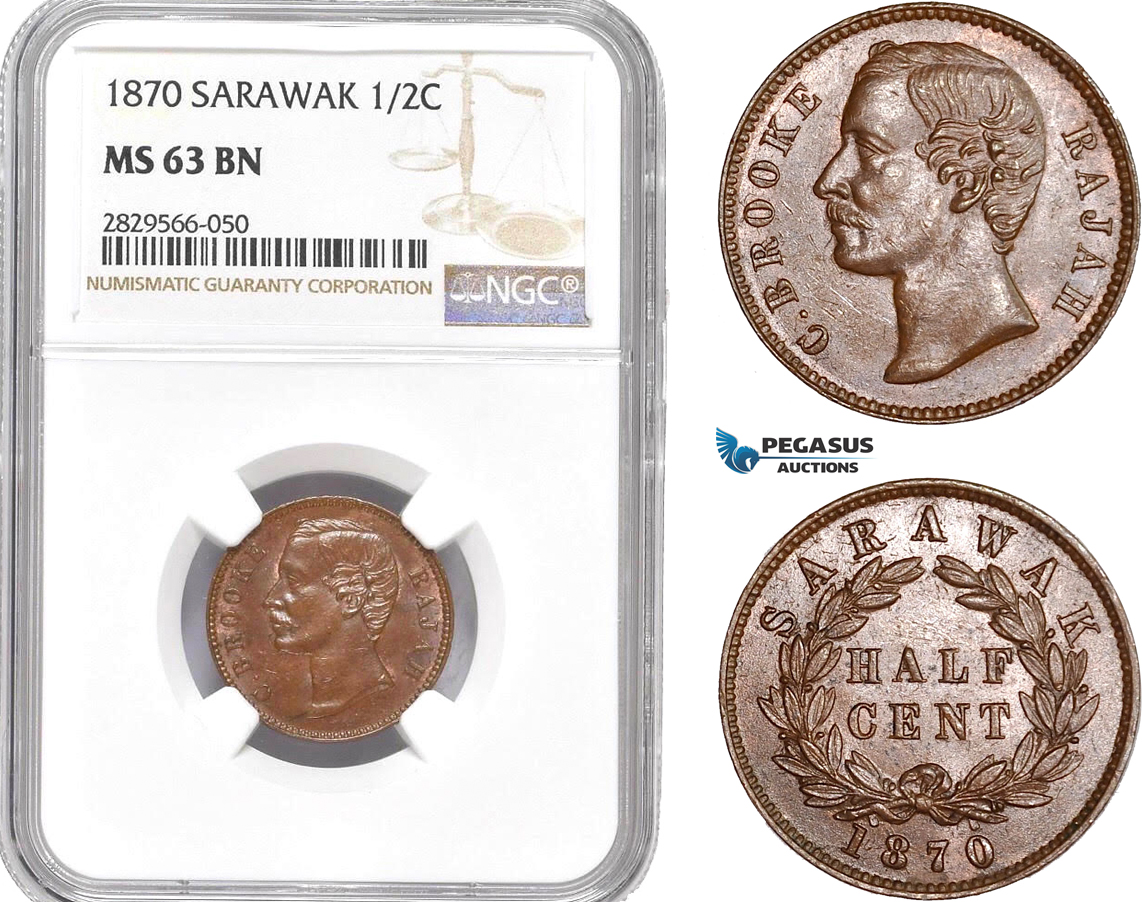 AD168-R, Sarawak, C. Brooke Rajah, 1/2 Cent 1870, NGC MS63BN
