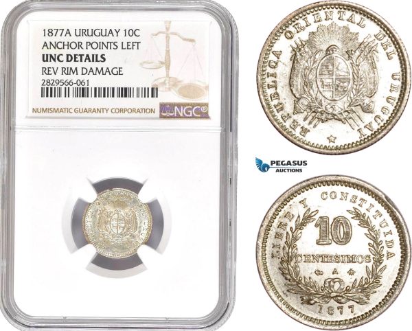 AD184-R, Uruguay, 10 Centesimos 1877-A, Paris, Silver, Anchor points left, NGC UNC Det.