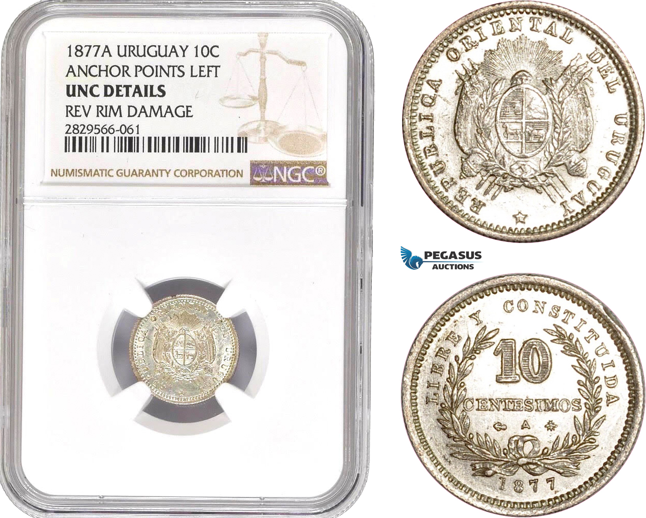 AD184-R, Uruguay, 10 Centesimos 1877-A, Paris, Silver, Anchor points left, NGC UNC Det.