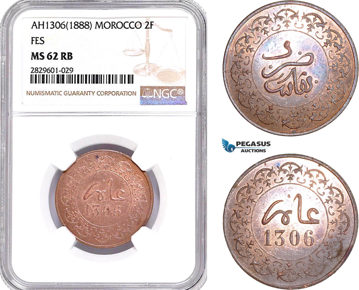 AD218, Morocco, Moulay al-Hasan I, 2 Falus AH1306 (1888) Fes, NGC MS62RB, Pop 2/0, Rare!