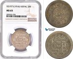 AD219, Nepal, Tribhuvana Bir Bikram 2 Mohars VS1971 (1914) Silver, NGC MS65, Pop 2/0
