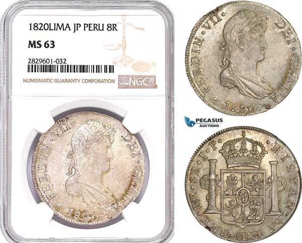AD221, Peru, Ferdinand VII, 8 Reales 1820 LIMA JP, Silver, NGC MS63