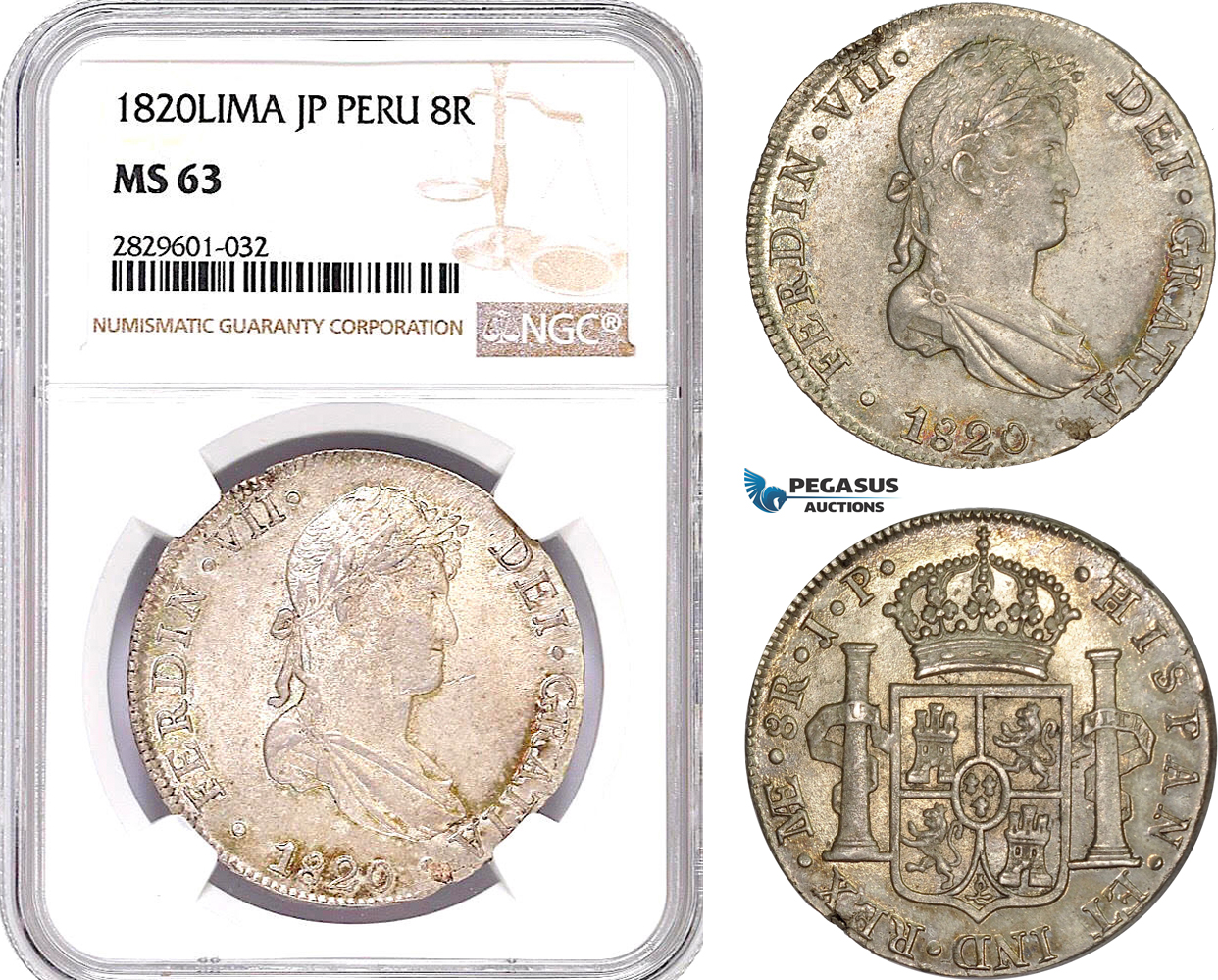 AD221, Peru, Ferdinand VII, 8 Reales 1820 LIMA JP, Silver, NGC MS63