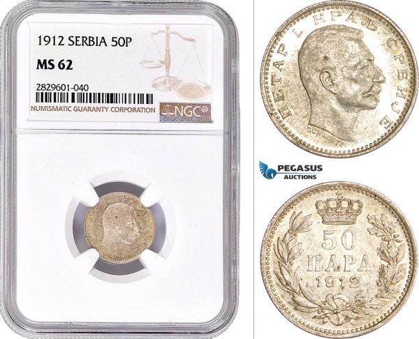AD234, Serbia, Petar I, 50 Para 1912, Silver, NGC MS62, Pop 1/1