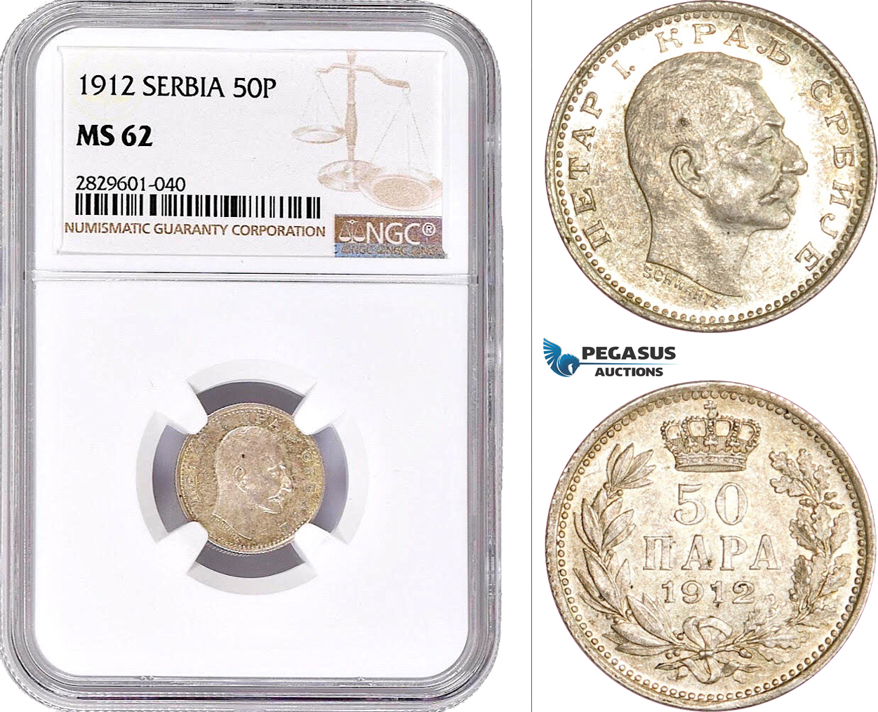 AD234, Serbia, Petar I, 50 Para 1912, Silver, NGC MS62, Pop 1/1