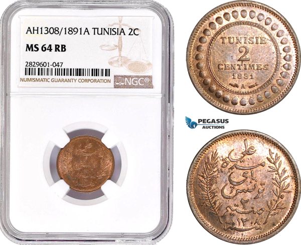 AD241, Tunisia, 2 Centimes AH1308 / 1891-A, Paris, NGC MS64RB, Pop 3/3