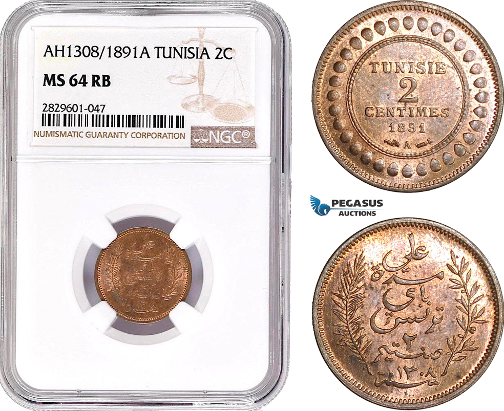 AD241, Tunisia, 2 Centimes AH1308 / 1891-A, Paris, NGC MS64RB, Pop 3/3