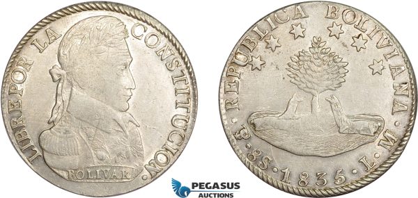 AD245, Bolivia, 8 Soles 1835 PTS LM, Potosi, Silver, Cleaned VF-XF