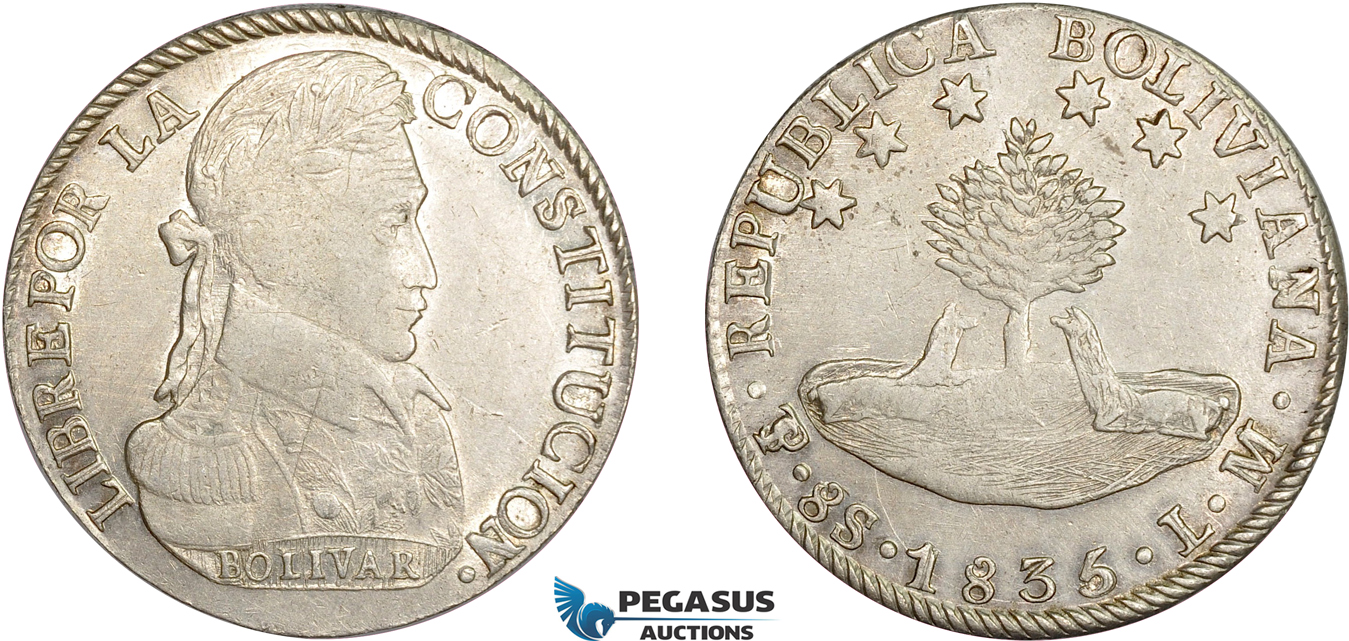 AD245, Bolivia, 8 Soles 1835 PTS LM, Potosi, Silver, Cleaned VF-XF