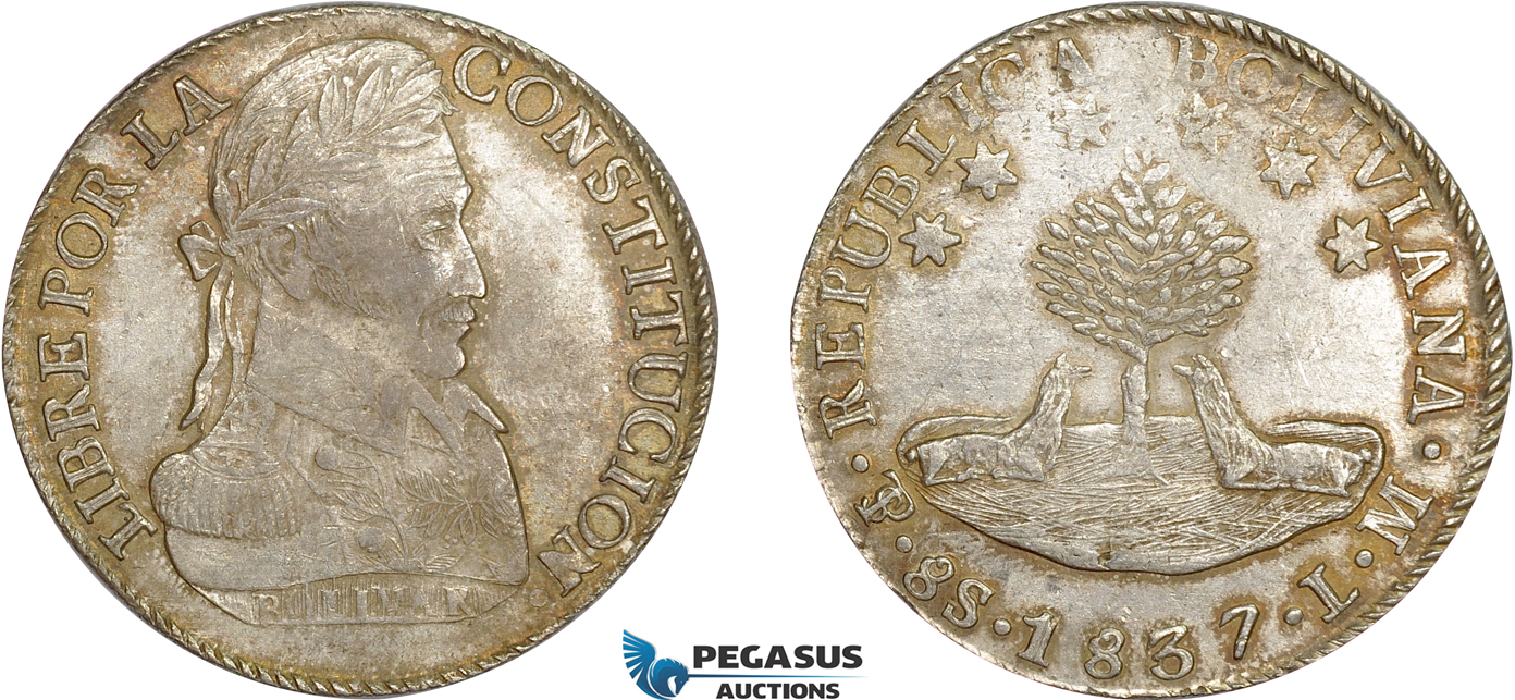 AD246, Bolivia, 8 Soles 1837 PTS LM, Potosi, Silver, Lightly Cleaned AU