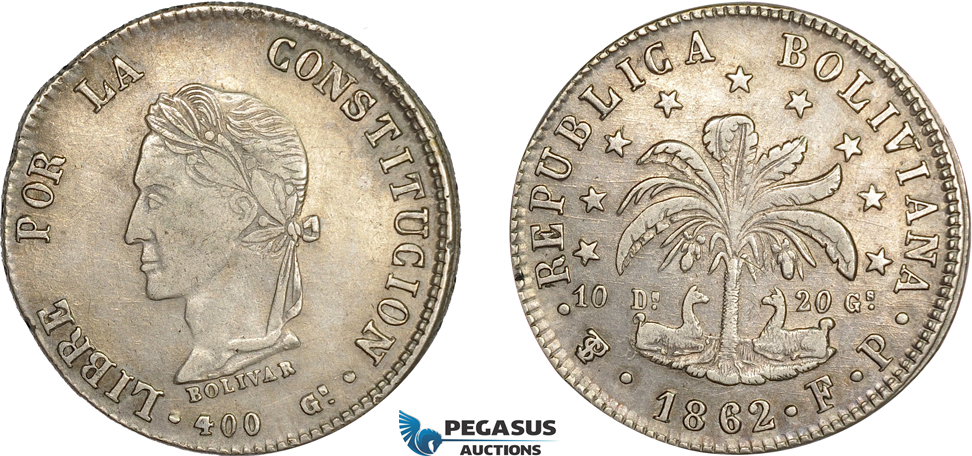 AD248, Bolivia, 8 Soles 1862 PTS FP, Potosi, Silver, Lightly Cleaned XF
