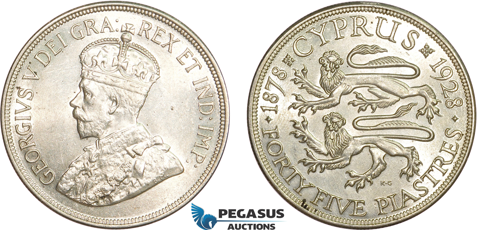AD261, Cyprus, George V, 45 Piastres 1928, London, Silver, Lightly cleaned UNC
