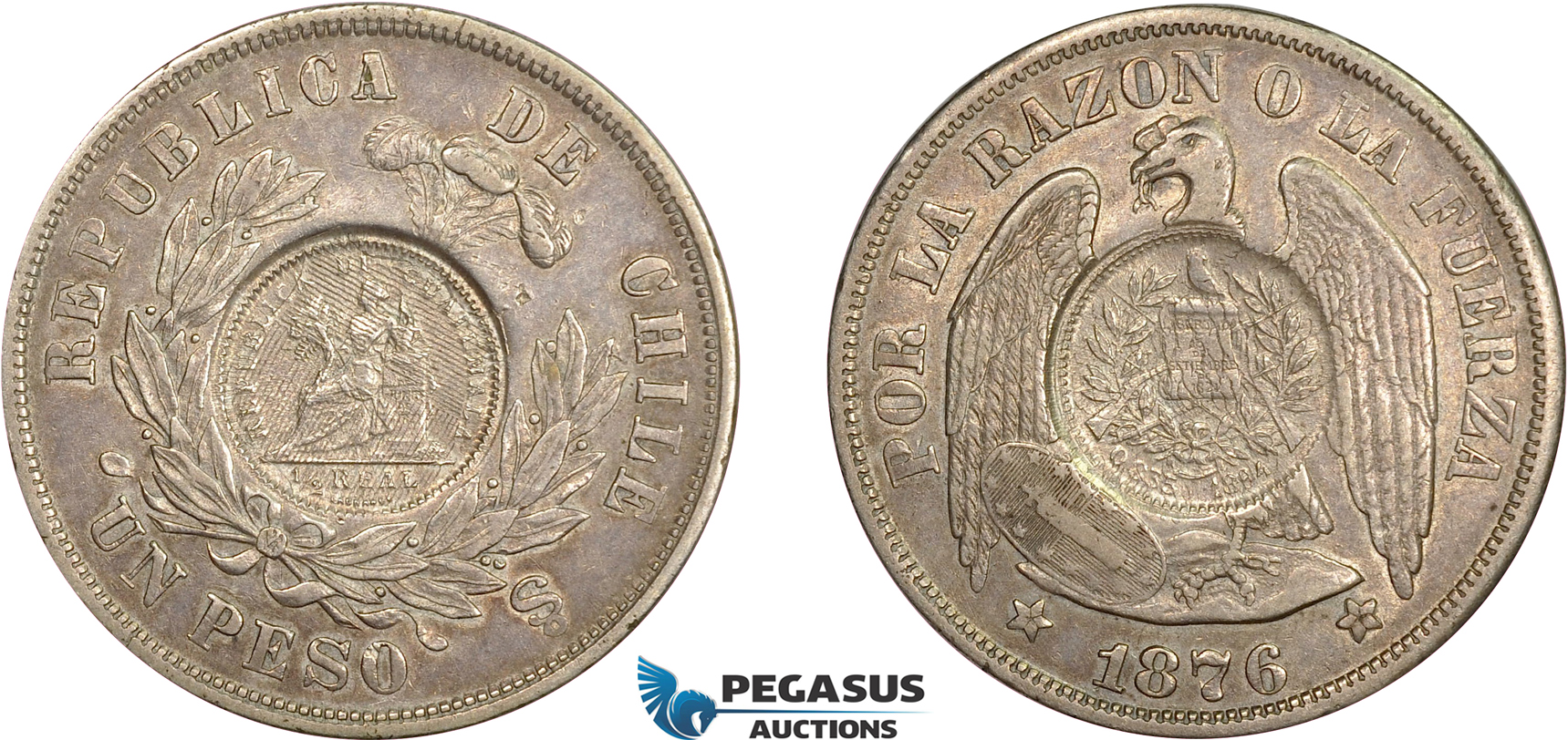 AD272, Guatemala, 1/2 real counterstamp of 1894 on a Chile, 1 Peso, 1876, Toned AU