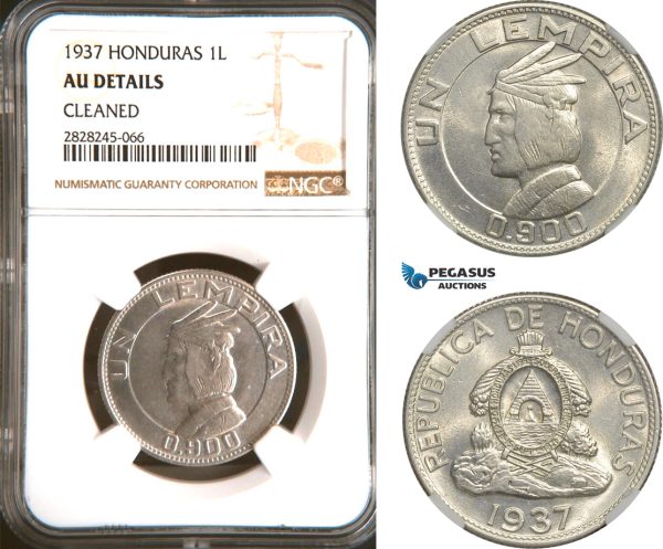 AD273, Honduras, 1 Lempira 1937, Silver, NGC AU Details