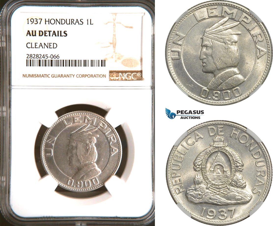 AD273, Honduras, 1 Lempira 1937, Silver, NGC AU Details