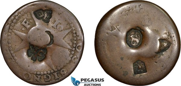 AD282, Malta, Emmanuel de Rohan, Æ 4 Tari ND, 6 countermarks on worn Maltese host coin