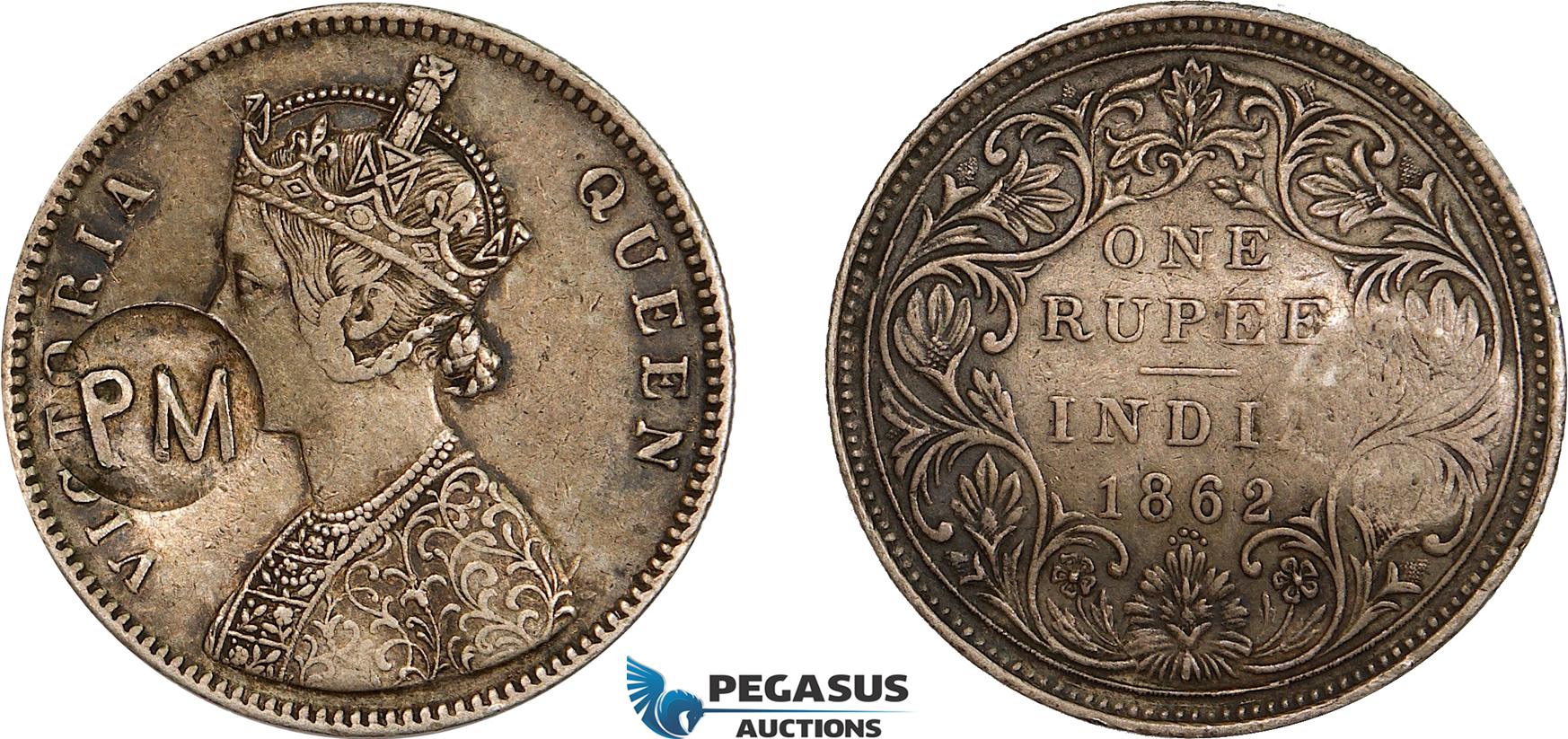 AD284, Mozambique, Carlos I, Rupee ND (1889) countermarked PM (Província de Moçambique) on British India Rupee 1862, Toned VF