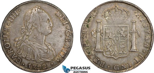 AD290, Bolivia, Charles IV, 8 Reales 1792 PTS PR, Potosi, Silver, Toned VF (Old scratch)