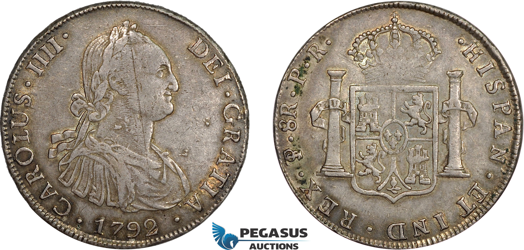 AD290, Bolivia, Charles IV, 8 Reales 1792 PTS PR, Potosi, Silver, Toned VF (Old scratch)
