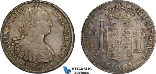 AD311, Peru, Charles IV, 8 Reales 1792 LIMA IJ, Silver, Toned XF-AU (Few scratches)