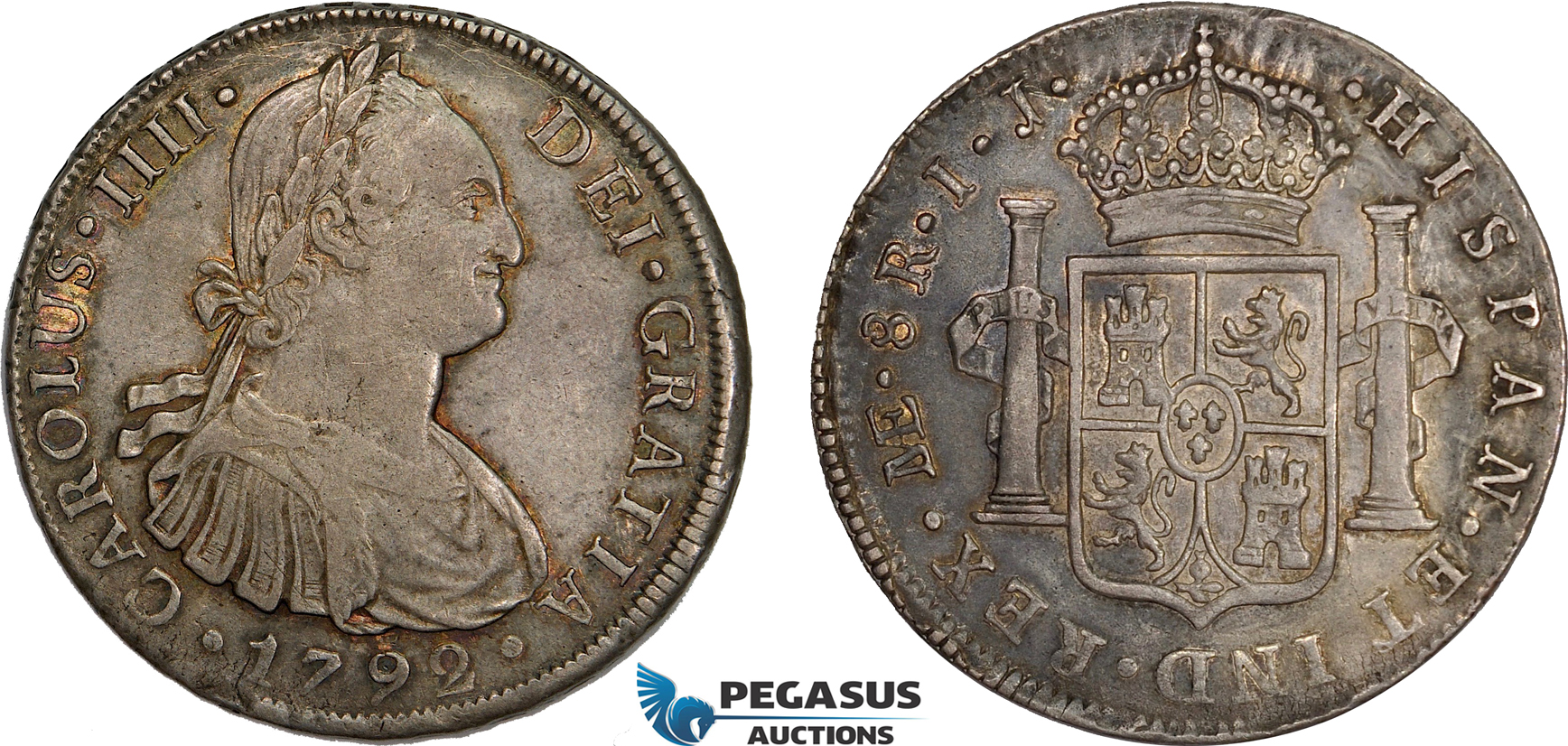 AD311, Peru, Charles IV, 8 Reales 1792 LIMA IJ, Silver, Toned XF-AU (Few scratches)