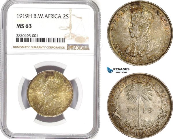 AD324, British West Africa, George V, 2 Shillings 1919, Silver, NGC MS63, Pop 2/0