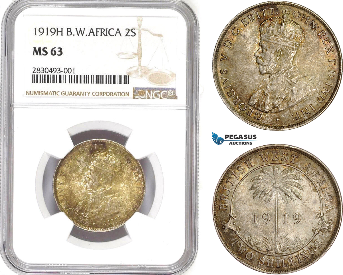 AD324, British West Africa, George V, 2 Shillings 1919, Silver, NGC MS63, Pop 2/0