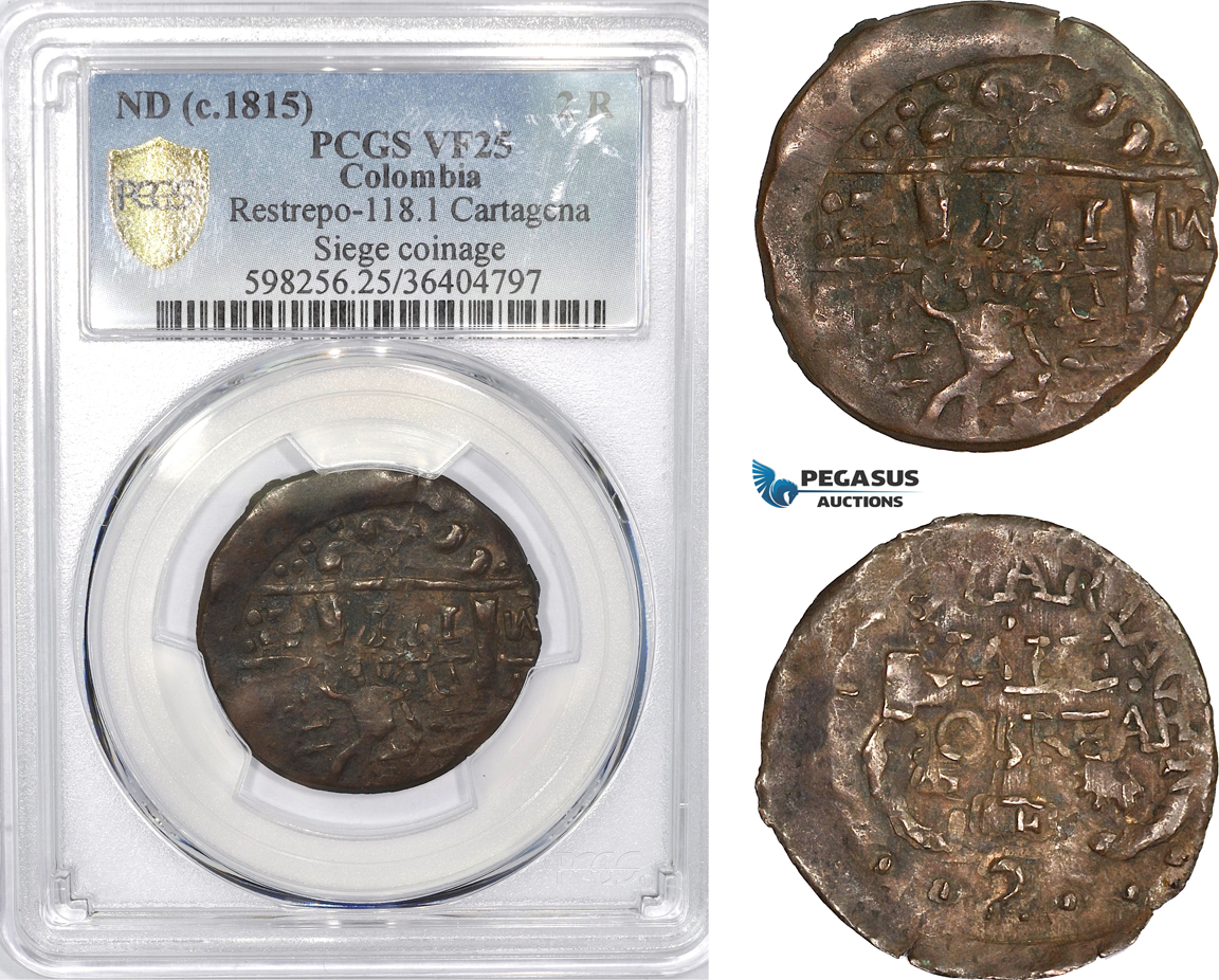 AD334, Colombia, Siege of Cartagena, 2 Reales ND (1815) Restrepo 118.1, PCGS VF25, Rare!