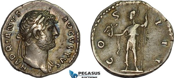AD379, Roman Empire, Hadrian (117-138 AD) AR Denarius (3.08g) Rome, 124-128 AD, Roma holding Victory, Toned VF