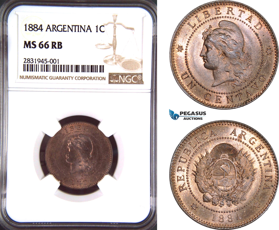 AD413, Argentina, 1 Centavo 1884, NGC MS66RB, Pop 1/0