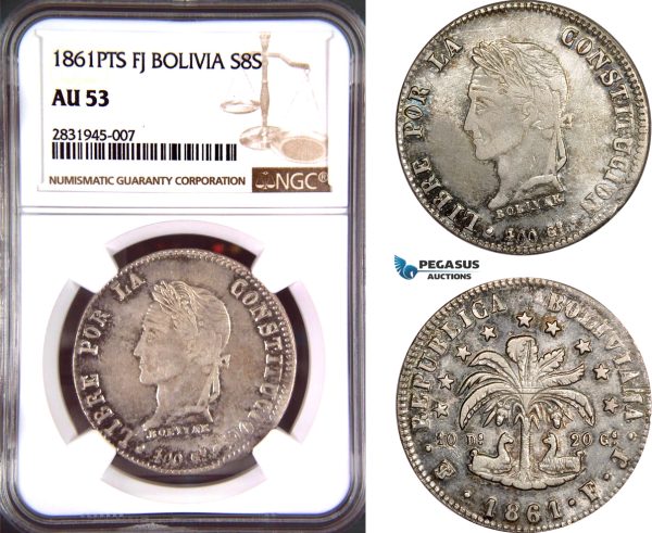 AD418, Bolivia, 8 Soles 1861 PTS FJ, Potosi, Silver, NGC AU53
