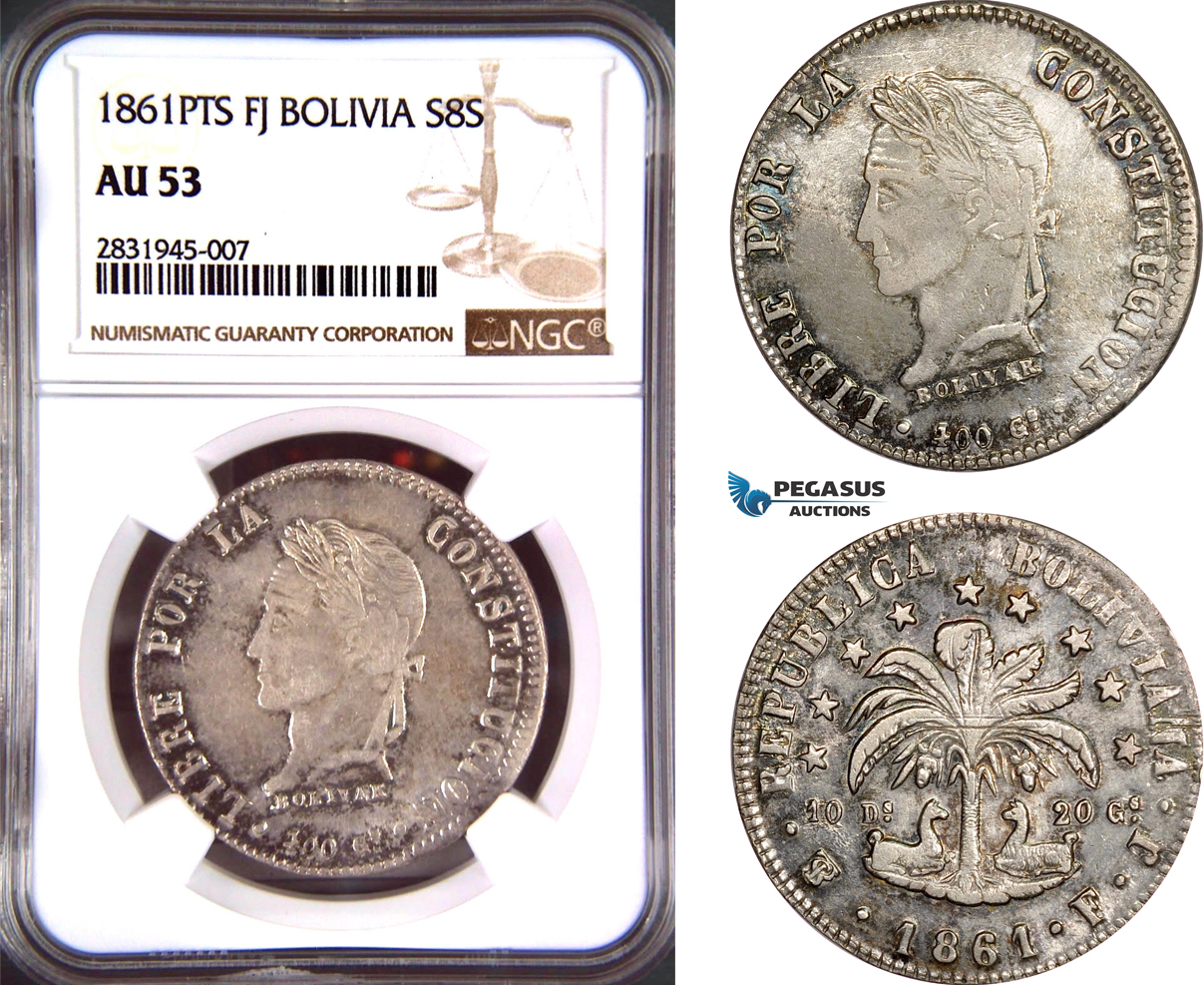 AD418, Bolivia, 8 Soles 1861 PTS FJ, Potosi, Silver, NGC AU53