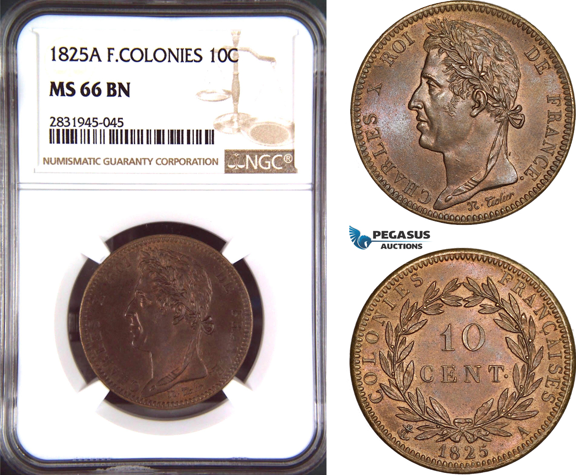 AD455, French Colonies, Charles X, 10 Centimes 1825-A, Paris, NGC MS66BN, Pop 1/0