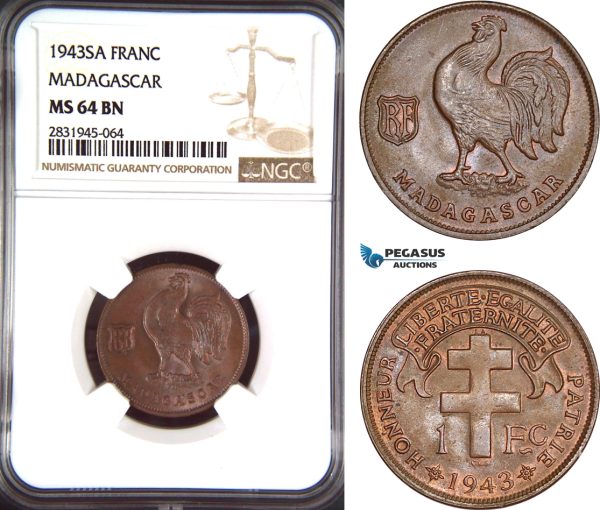 AD471, Madagascar, 1 Franc 1943-SA, NGC MS64BN