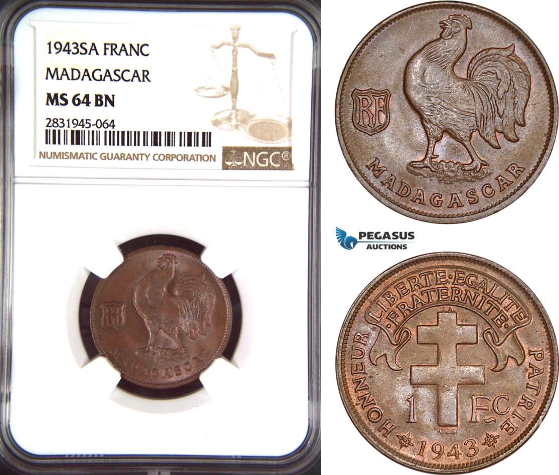AD471, Madagascar, 1 Franc 1943-SA, NGC MS64BN