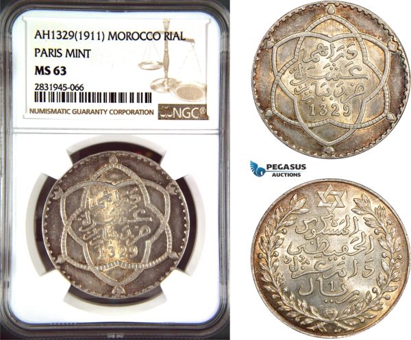 AD472, Morocco, Abd al-Hafiz, Rial AH1329 (1911) Paris, Silver, NGC MS63