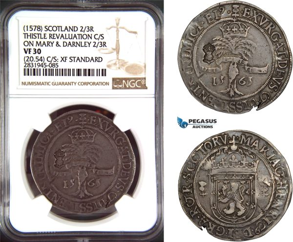 AD488, Scotland, James VI, 2/3 Ryal 1578, Thistle Revaluation C/S on Mary & Darnley 1565, Silver (20.54g) NGC VF30 / XF Standard