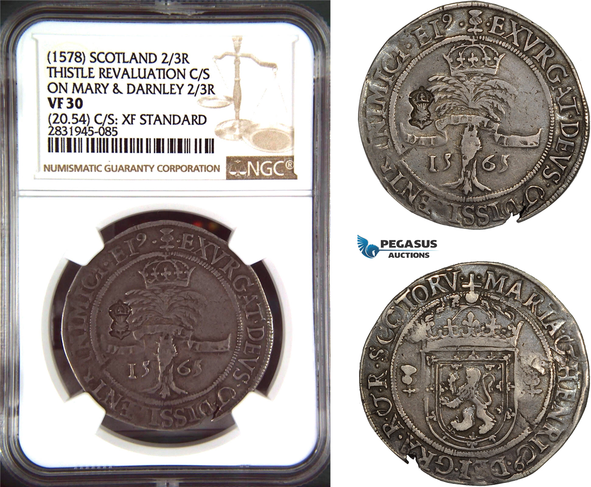 AD488, Scotland, James VI, 2/3 Ryal 1578, Thistle Revaluation C/S on Mary & Darnley 1565, Silver (20.54g) NGC VF30 / XF Standard