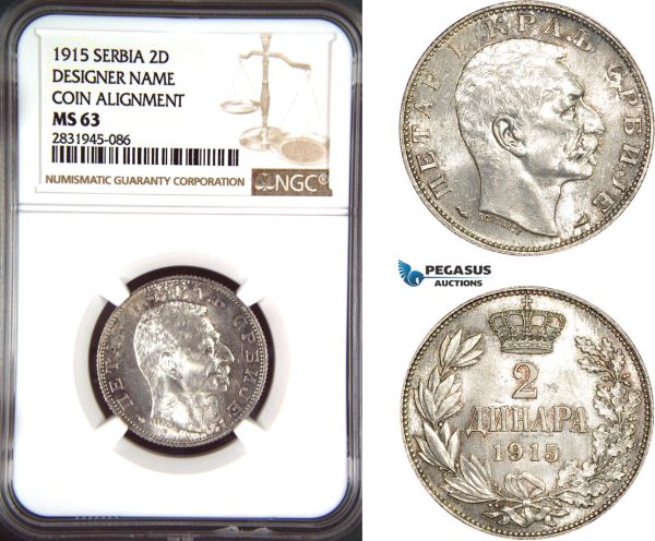 AD489, Serbia, Petar I, 2 Dinara 1915, Paris, Silver, Coin Alignment, NGC MS63