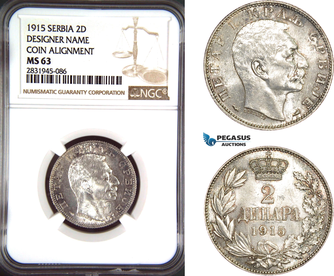 AD489, Serbia, Petar I, 2 Dinara 1915, Paris, Silver, Coin Alignment, NGC MS63
