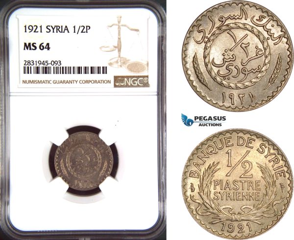 AD497, Syria, 1/2 Piastre 1921, Paris, NGC MS64