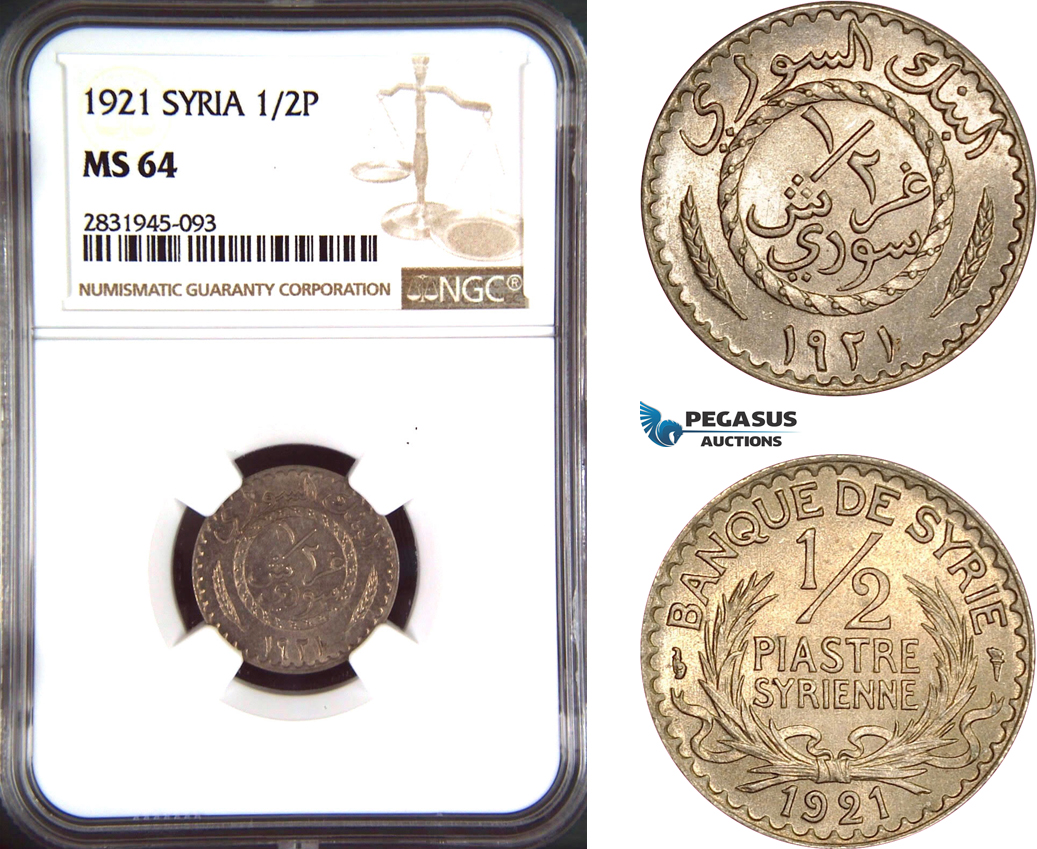 AD497, Syria, 1/2 Piastre 1921, Paris, NGC MS64