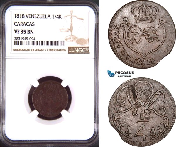 AD506, Venezuela, Caracas, 1/4 Real 1818, NGC VF35BN