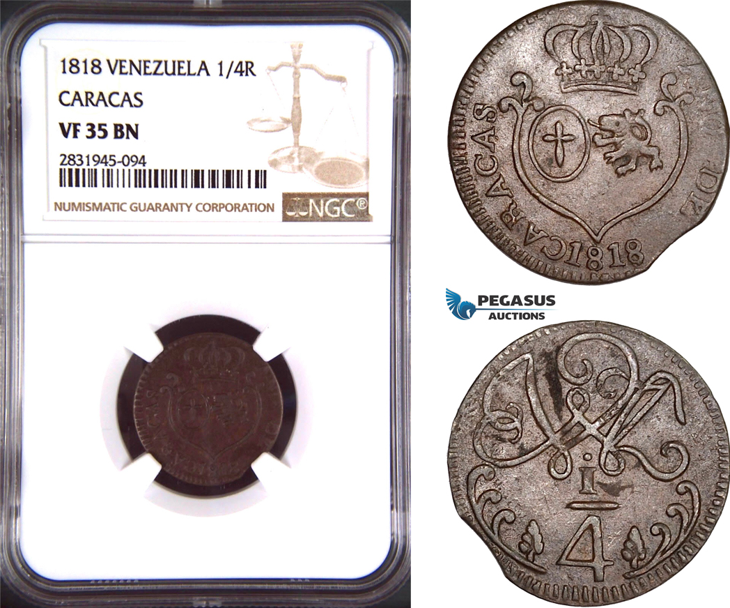 AD506, Venezuela, Caracas, 1/4 Real 1818, NGC VF35BN