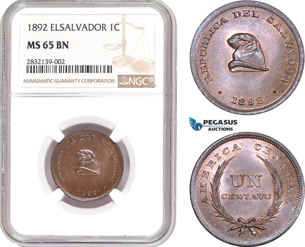 AD554, El Salvador, 1 Centavo 1892, NGC MS65BN