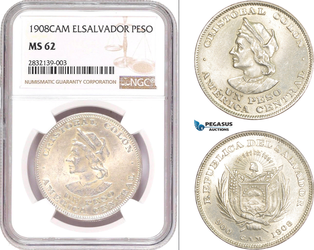AD555, El Salvador, 1 Peso 1908-CAM, Silver, NGC MS62